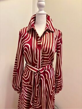 Donna Karan New York Burgundy & Cream Geometric Belted Shirt Midi Dress